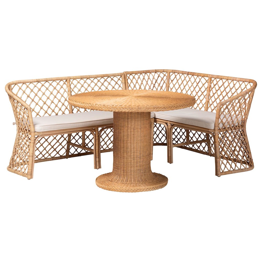 Ellard Bohemian Light Honey Rattan 3-Piece Dining Nook Set. Picture 1