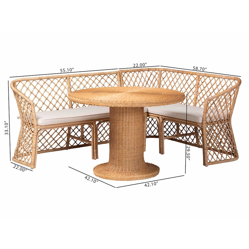 Ellard Bohemian Light Honey Rattan 3-Piece Dining Nook Set. Picture 11