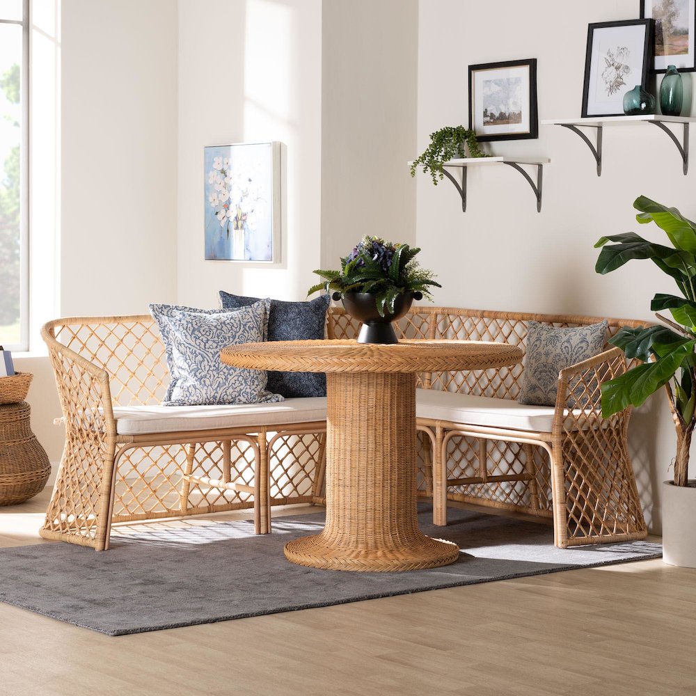 Ellard Bohemian Light Honey Rattan 3-Piece Dining Nook Set. Picture 9