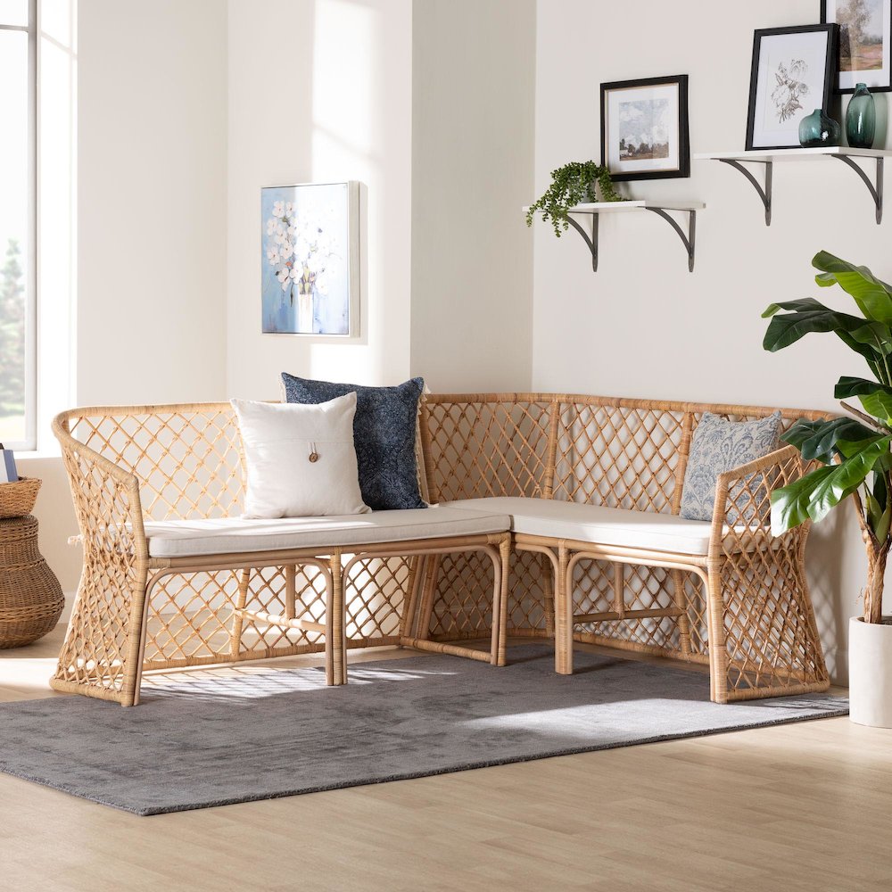Aysi Bohemian Light Honey Rattan 2-Piece Dining Nook Bench Set. Picture 9
