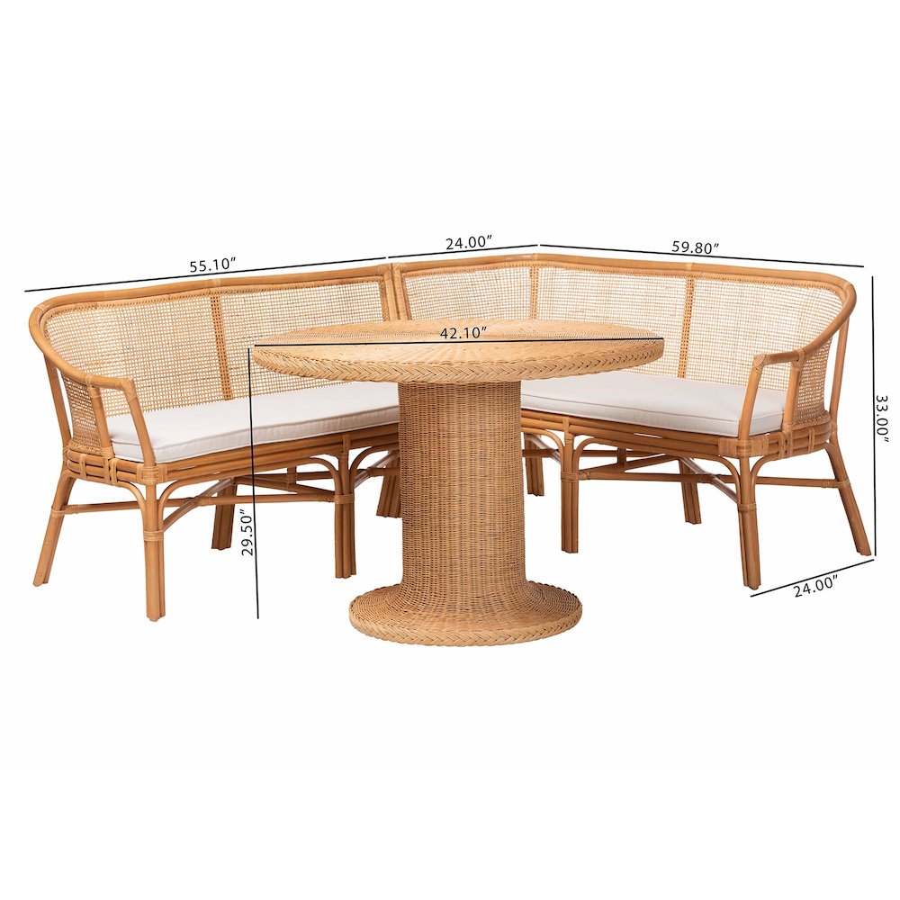 Aara 3-Piece Natural Rattan Dining Nook Set - L-Shaped Corner Bench. Picture 10