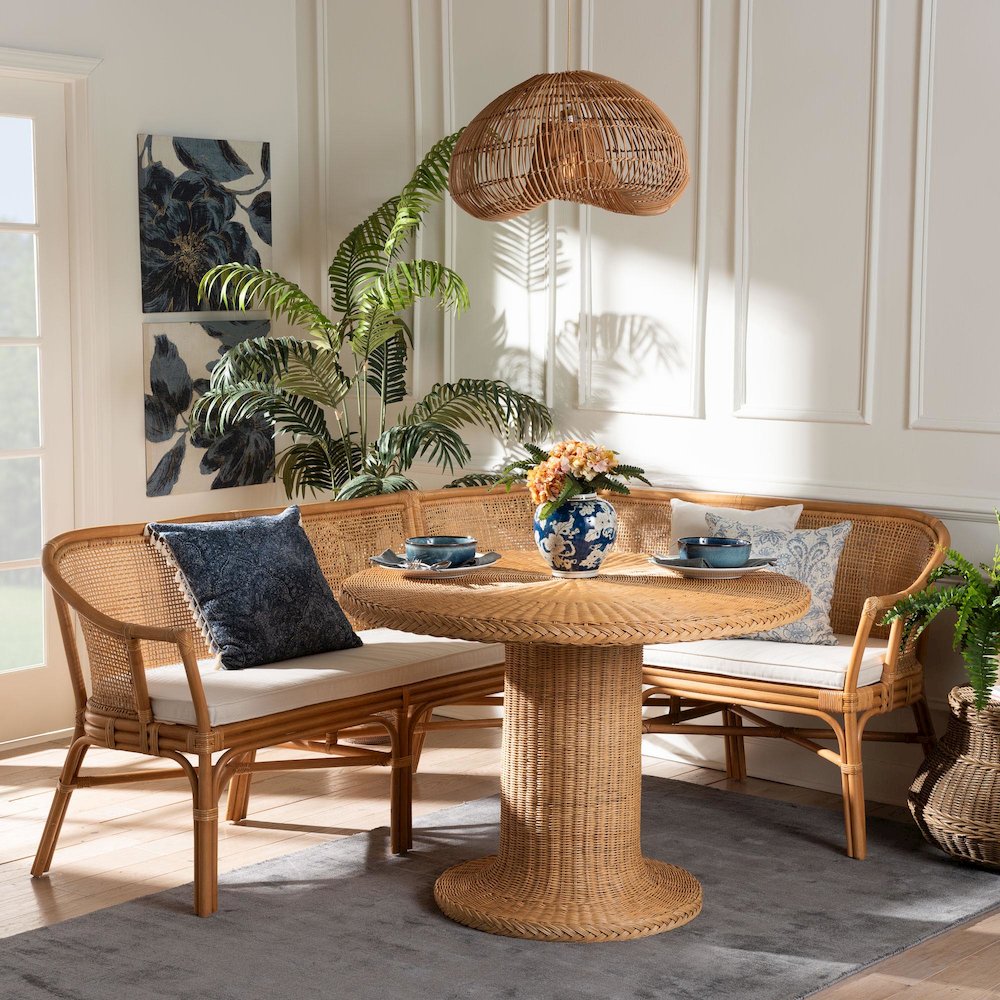 Aara 3-Piece Natural Rattan Dining Nook Set - L-Shaped Corner Bench. Picture 9
