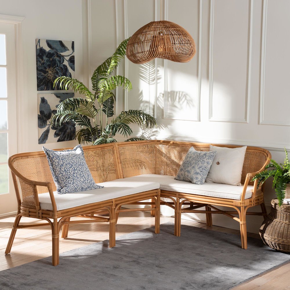 Adede 2-Piece Natural Rattan Corner Bench Set - Handwoven Wicker L-Shaped. Picture 7