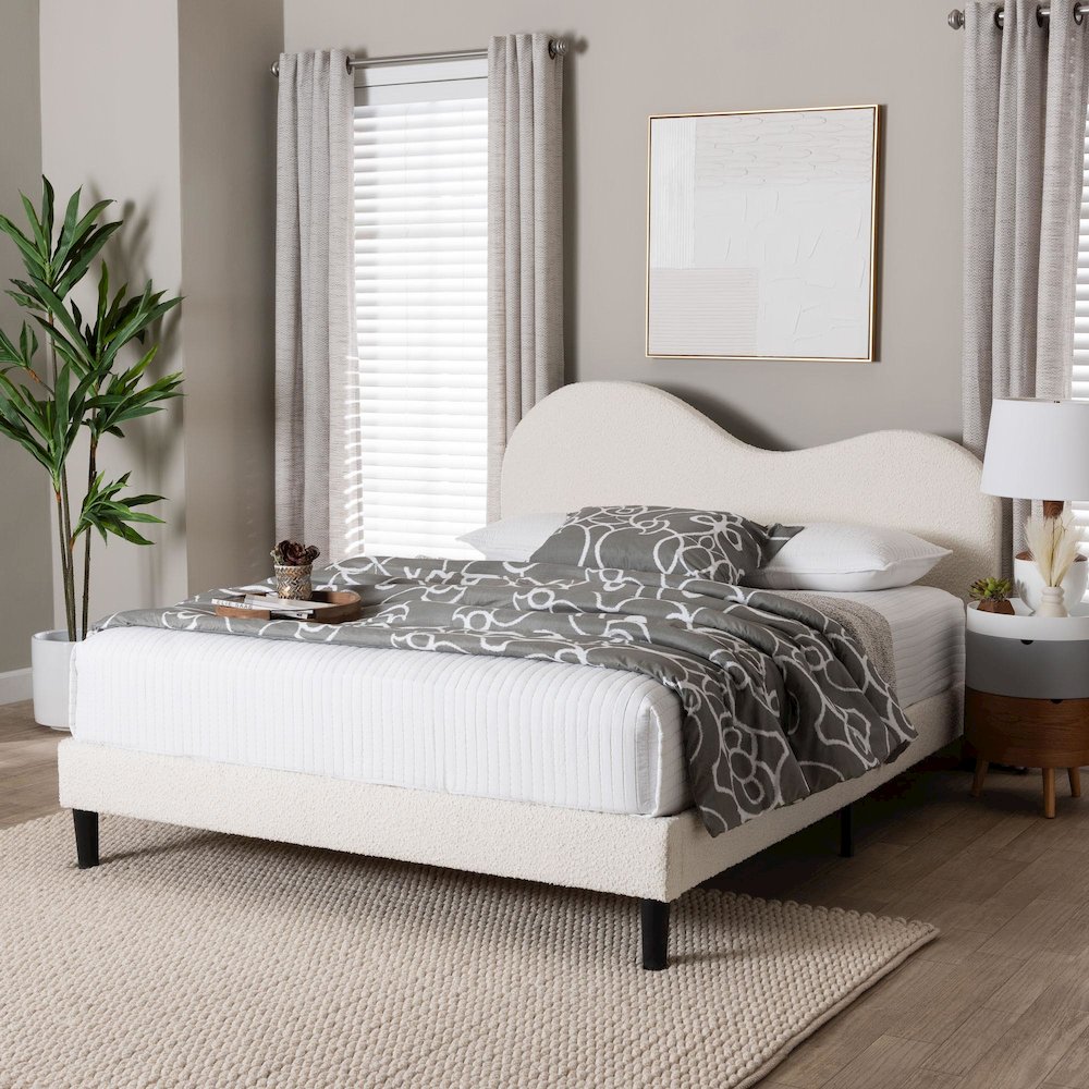 Dalton Boucle Upholstered Platform Bed - Soft Fabric Queen Size Bed Frame. Picture 7