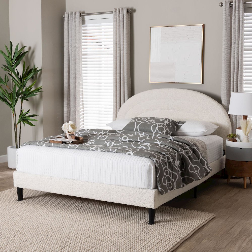 Pelagia Boucle Upholstered Platform Bed - Soft Fabric Queen Size Bed Frame. Picture 7