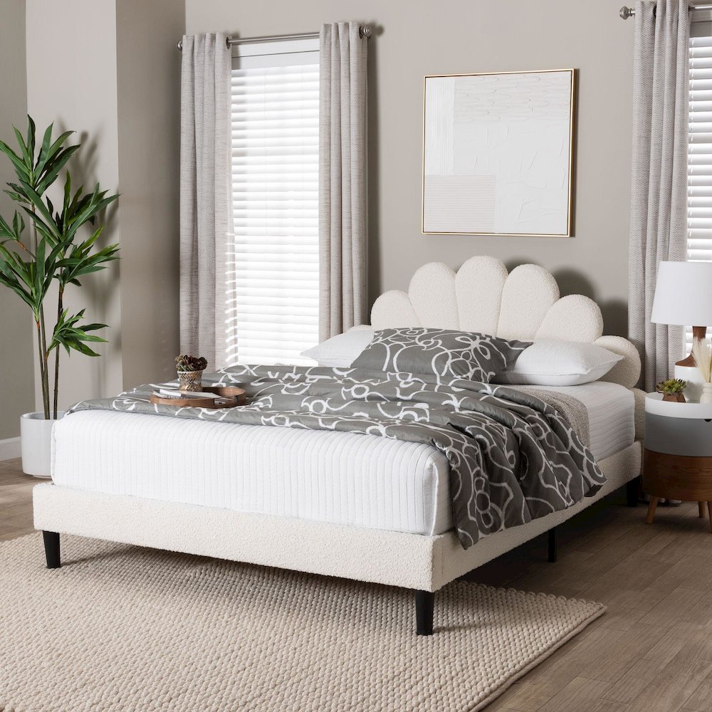 Albion Boucle Upholstered Platform Bed - Soft Fabric Queen Size Bed Frame. Picture 7