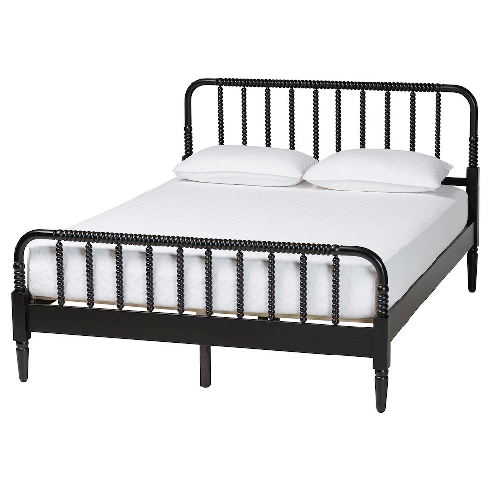 Braith Farmhouse Black Spindle Wood Queen Size Platform Bed. Picture 1