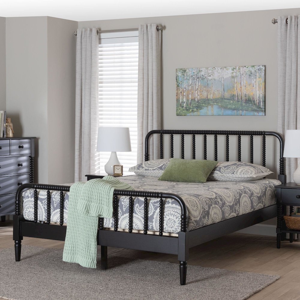 Braith Farmhouse Black Spindle Wood Queen Size Platform Bed. Picture 7