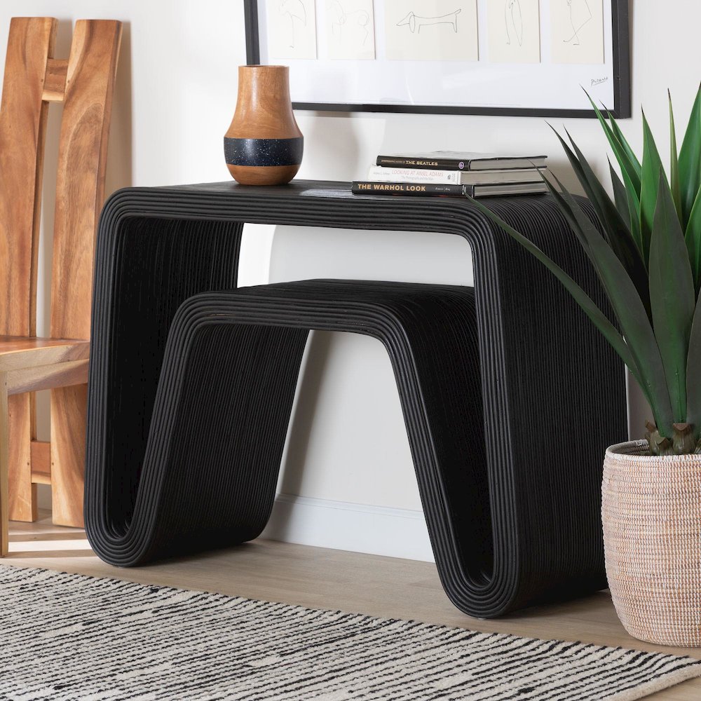 Abebi Black Rattan Console Table - Modern Accent Table. Picture 6