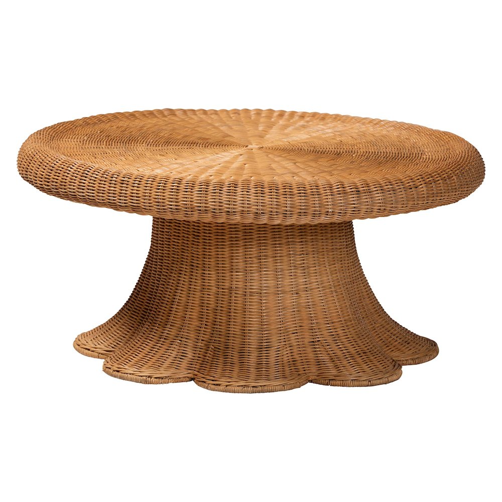 Natural Rattan Round Coffee Table with Scalloped Pedestal Base. Picture 1