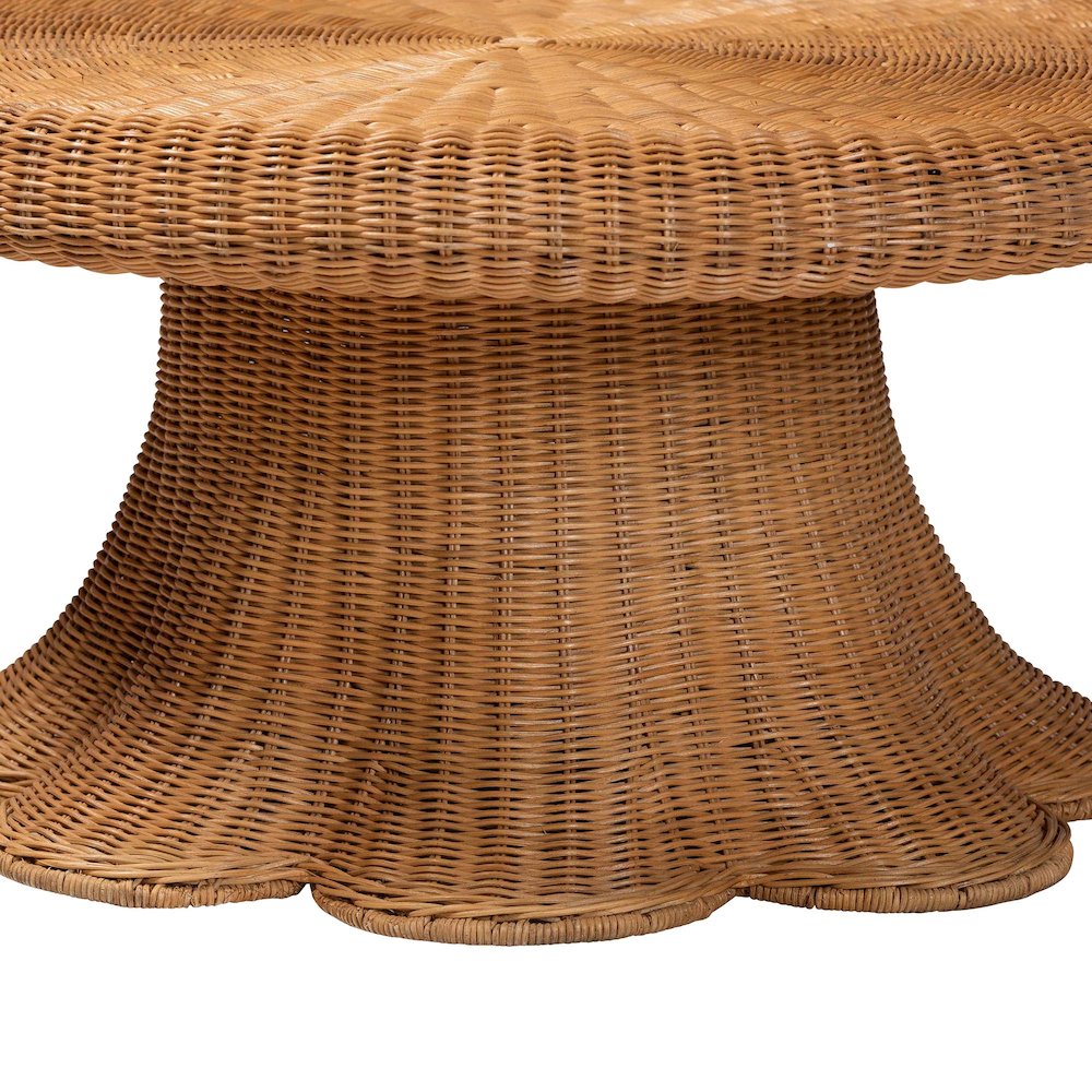 Natural Rattan Round Coffee Table with Scalloped Pedestal Base. Picture 2