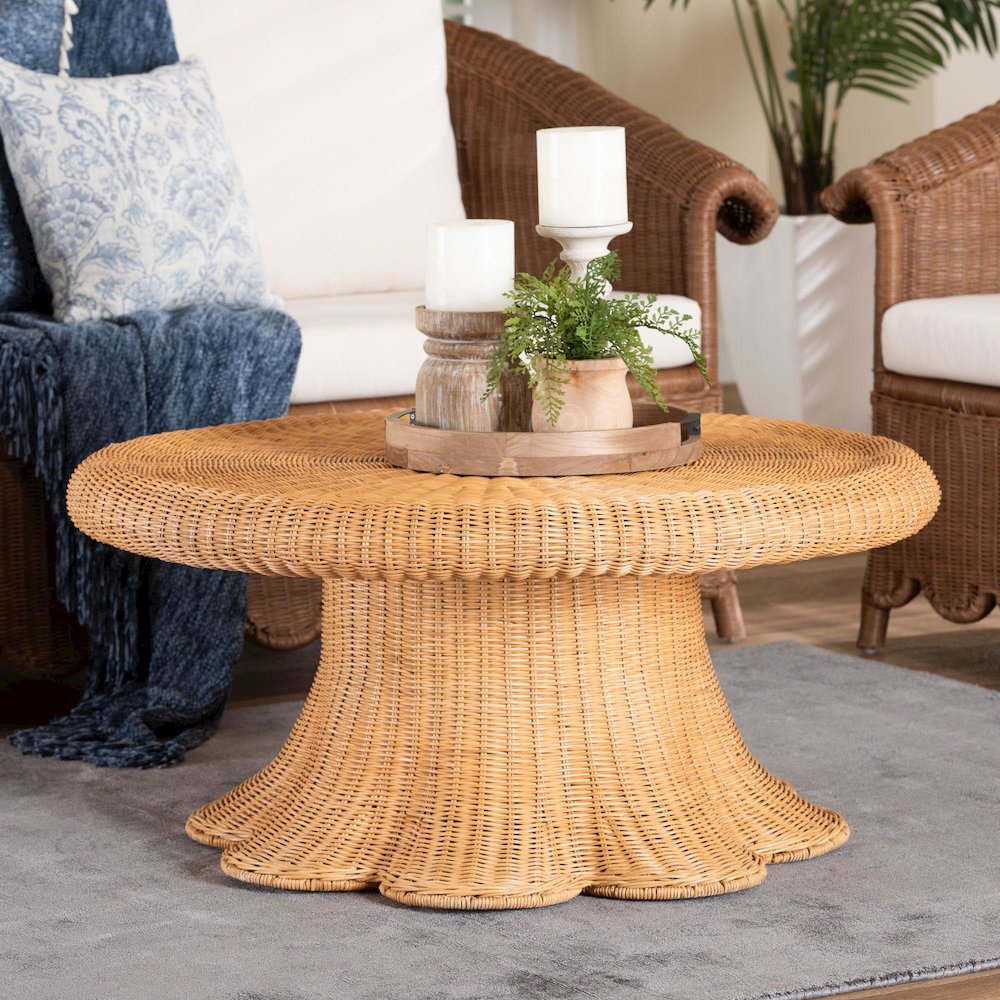 Natural Rattan Round Coffee Table with Scalloped Pedestal Base. Picture 5