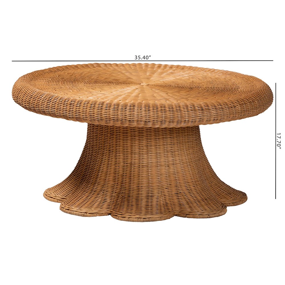 Natural Rattan Round Coffee Table with Scalloped Pedestal Base. Picture 6