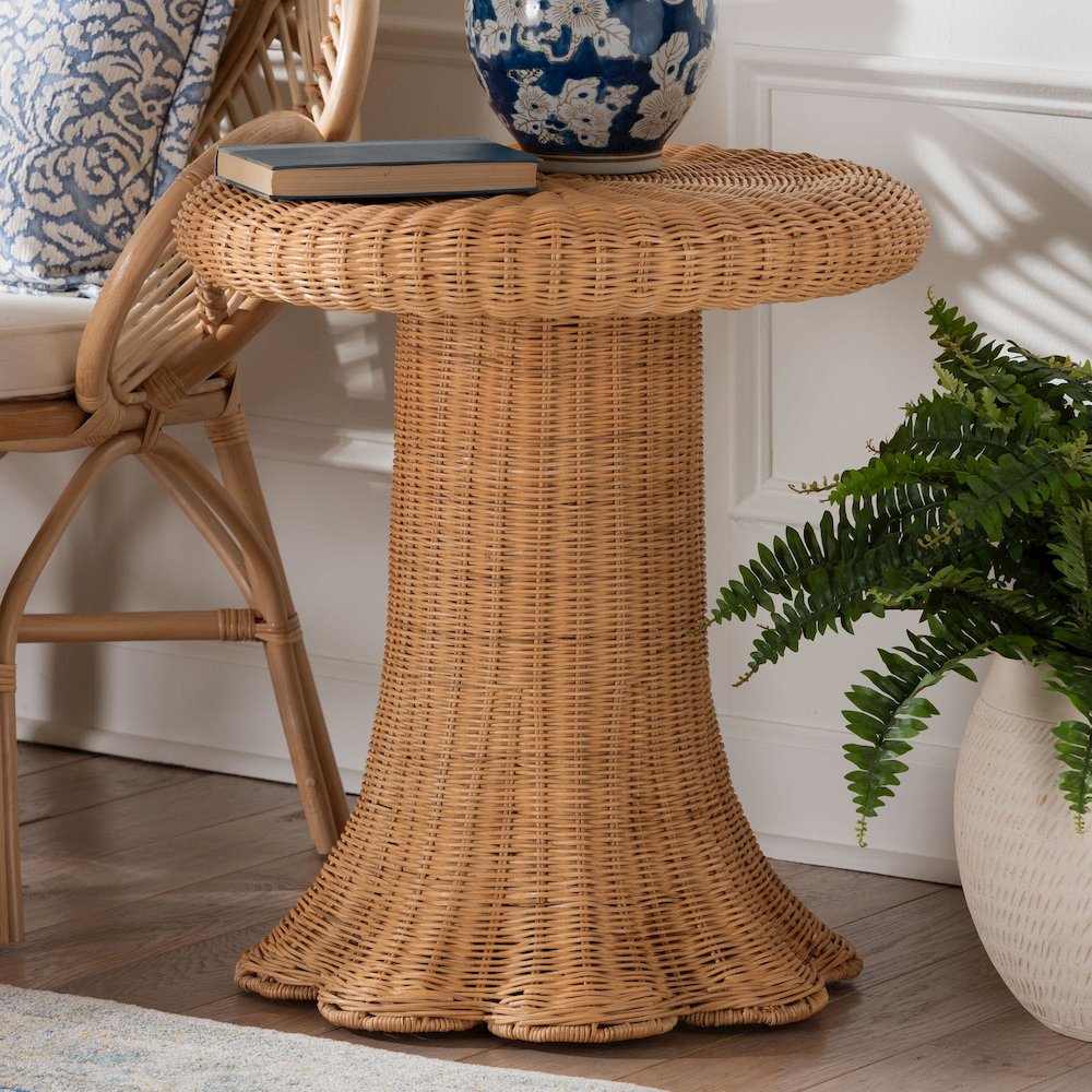 Avalon Scallop Natural Rattan Pedestal Side Table. Picture 6