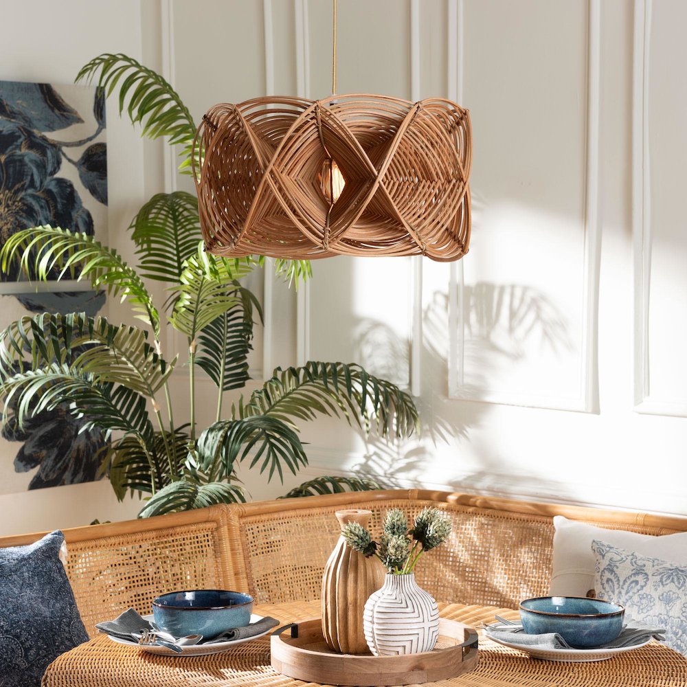 Jeneth Natural Rattan Pendant Lampshade - Coastal Boho Ceiling Light Cover. Picture 3