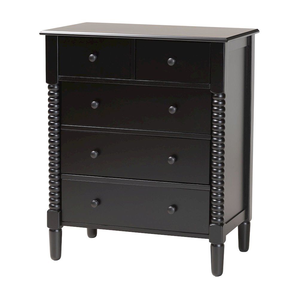 Braith Farmhouse Black Spindle Wood 5-Drawer Chest. Picture 1