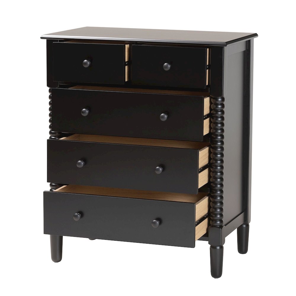 Braith Farmhouse Black Spindle Wood 5-Drawer Chest. Picture 2