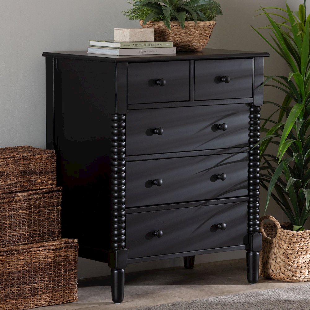 Braith Farmhouse Black Spindle Wood 5-Drawer Chest. Picture 8