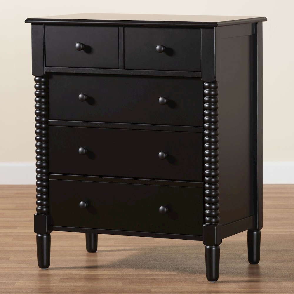 Braith Farmhouse Black Spindle Wood 5-Drawer Chest. Picture 9