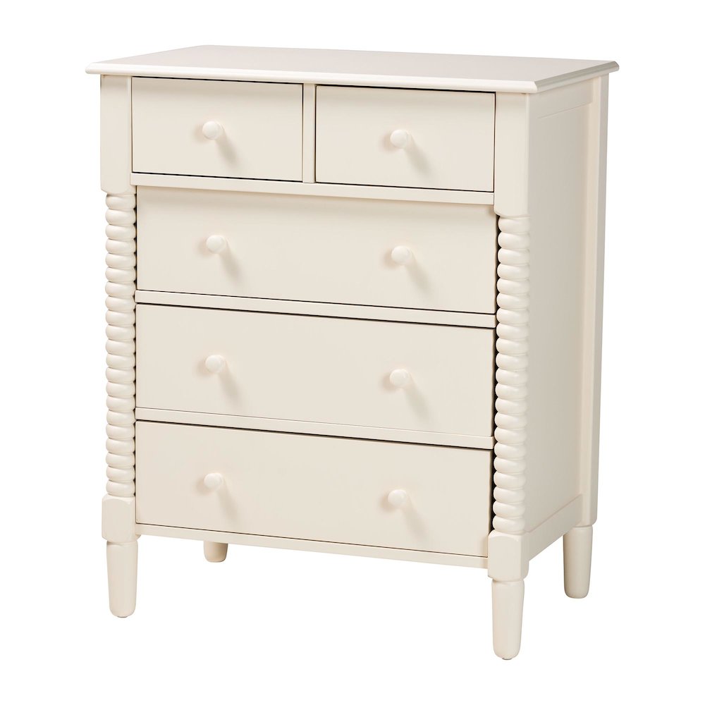 Braith Farmhouse Ivory Spindle Wood 5-Drawer Chest. Picture 1