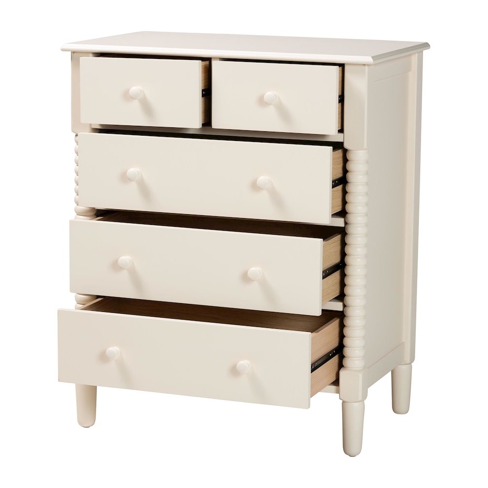 Braith Farmhouse Ivory Spindle Wood 5-Drawer Chest. Picture 2