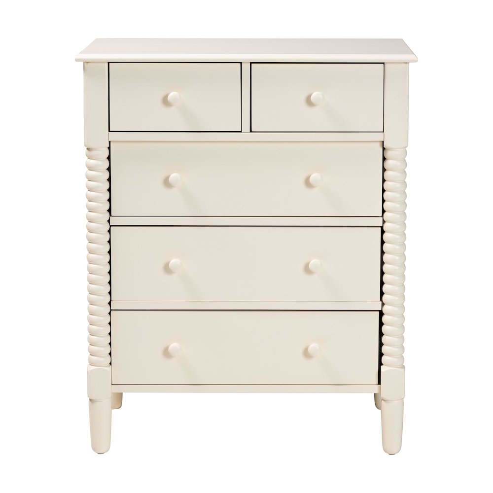 Braith Farmhouse Ivory Spindle Wood 5-Drawer Chest. Picture 3