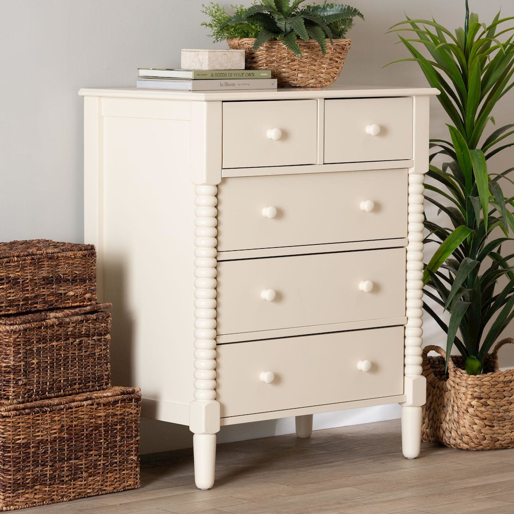 Braith Farmhouse Ivory Spindle Wood 5-Drawer Chest. Picture 8