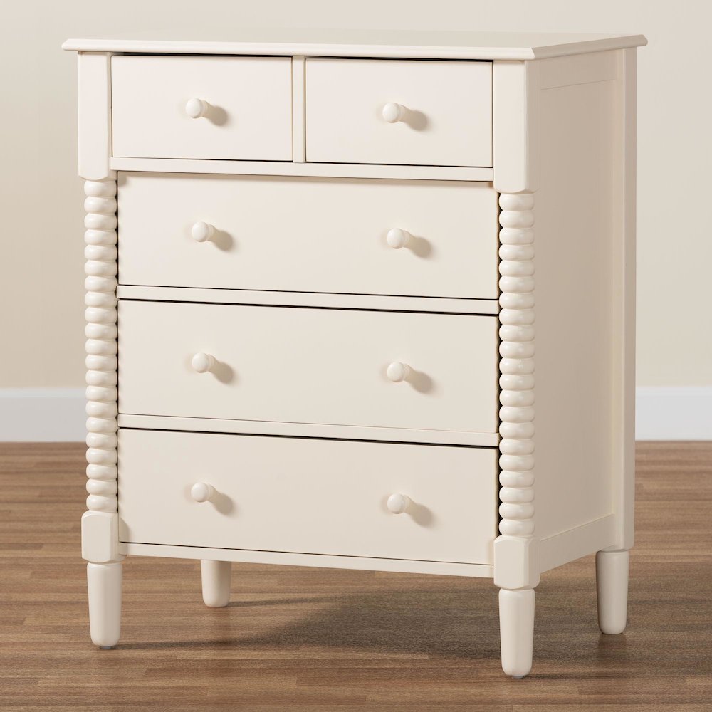 Braith Farmhouse Ivory Spindle Wood 5-Drawer Chest. Picture 9