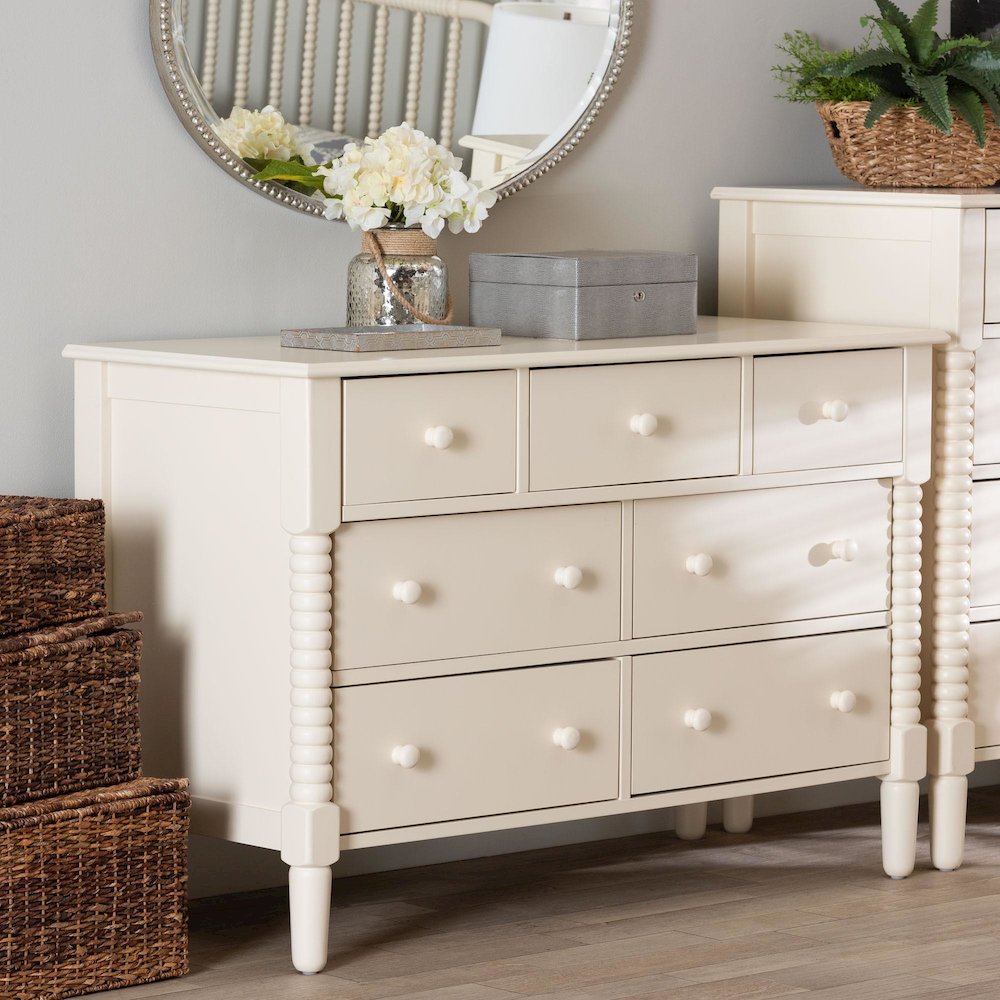 Braith Farmhouse Ivory Spindle Wood 7-Drawer Dresser. Picture 8