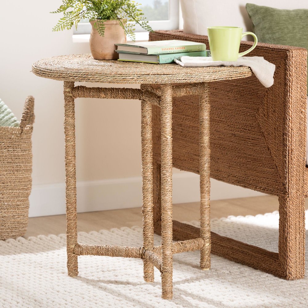 Fumito Handwoven Seagrass End Table - Round Boho Side Table. Picture 6