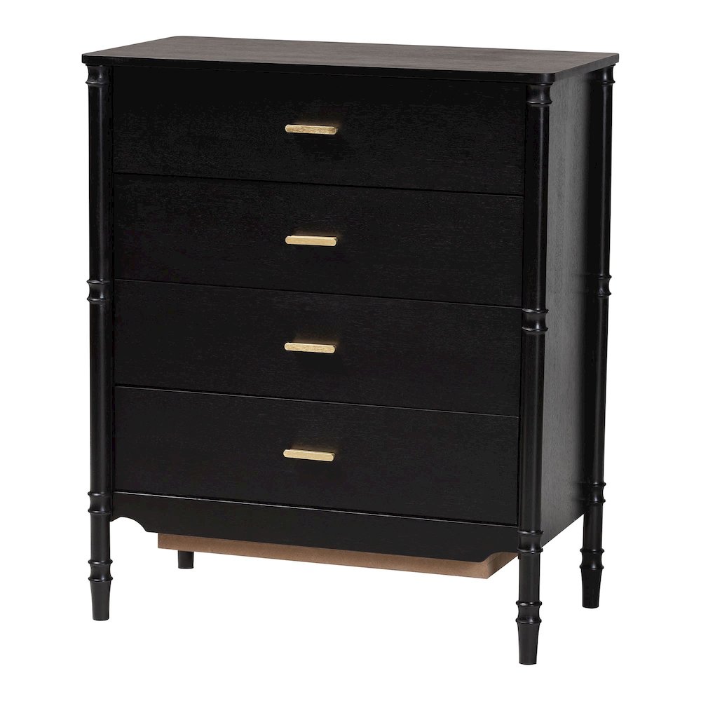 Black Wood Chest of Drawers with Gold Handles - 4-Drawer Dresser. Picture 2