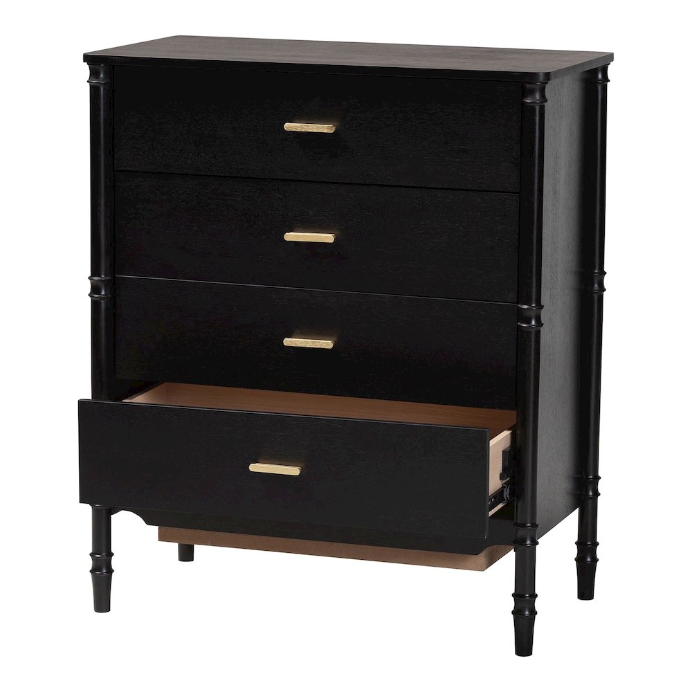Black Wood Chest of Drawers with Gold Handles - 4-Drawer Dresser. Picture 1