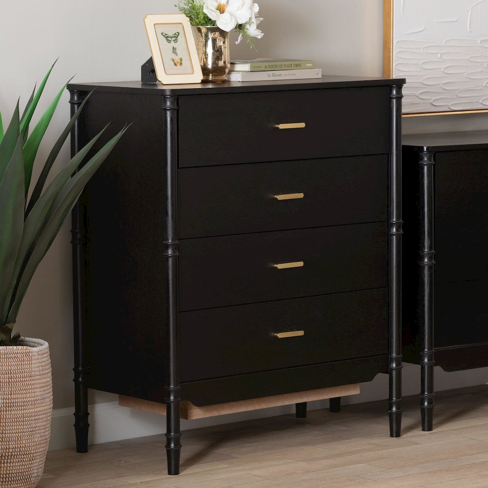 Black Wood Chest of Drawers with Gold Handles - 4-Drawer Dresser. Picture 8