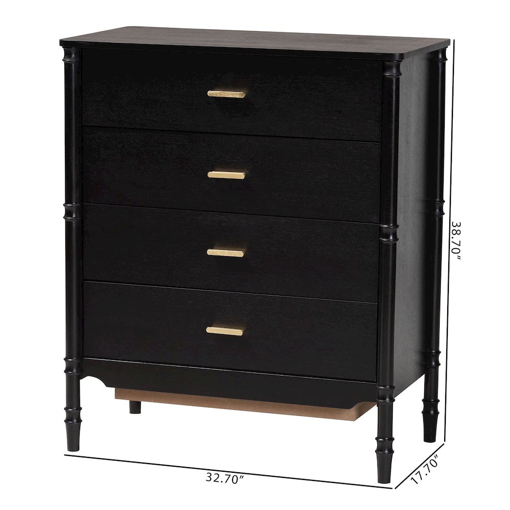 Black Wood Chest of Drawers with Gold Handles - 4-Drawer Dresser. Picture 9