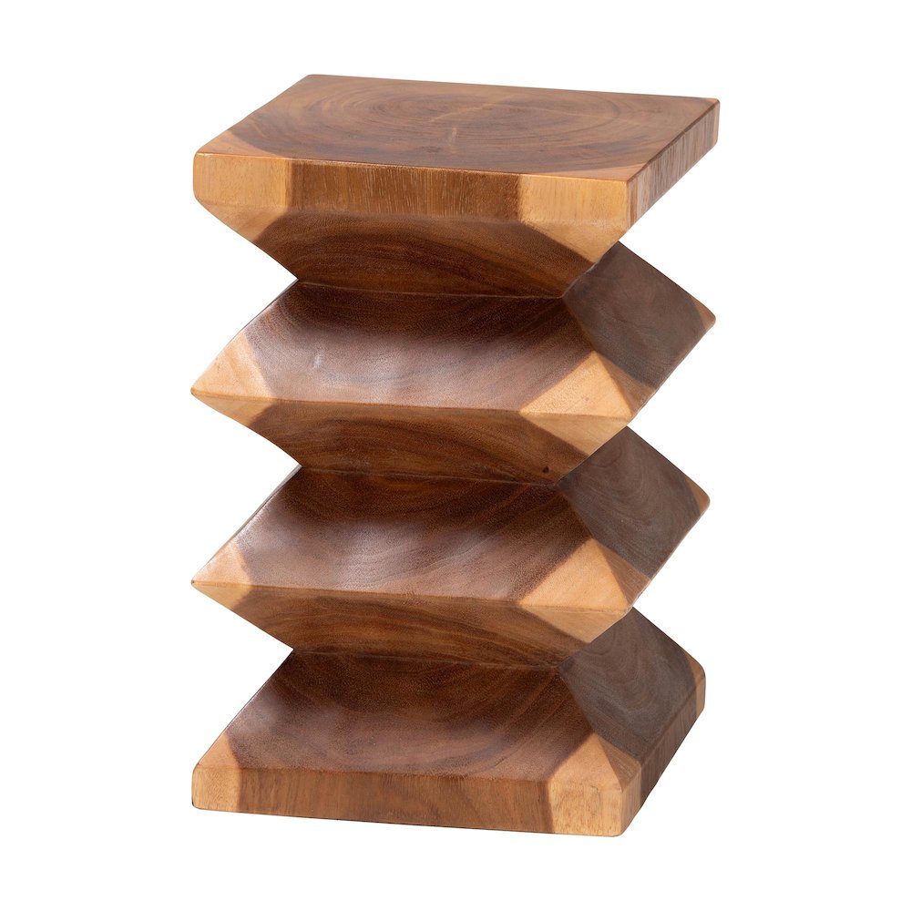 Solid Suar Wood Side Table - Hand-Carved Sculptural End Table with Zigzag Design. Picture 1