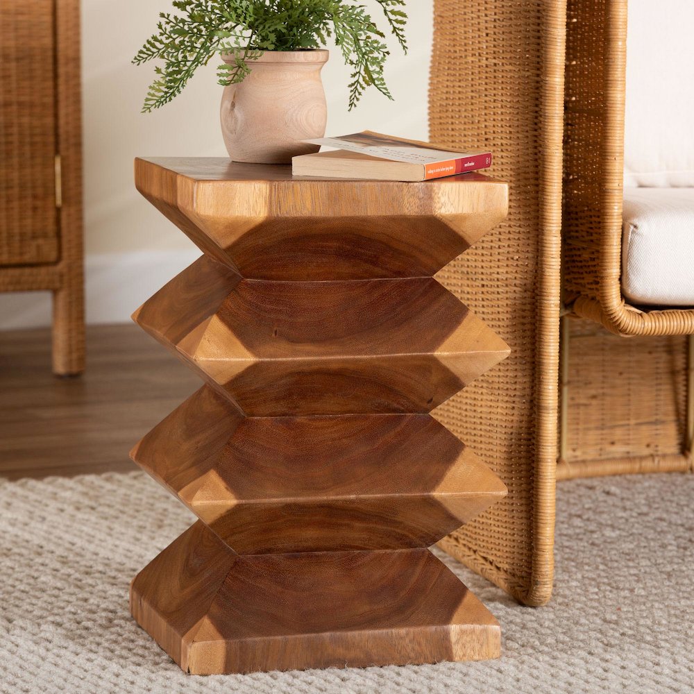 Solid Suar Wood Side Table - Hand-Carved Sculptural End Table with Zigzag Design. Picture 6