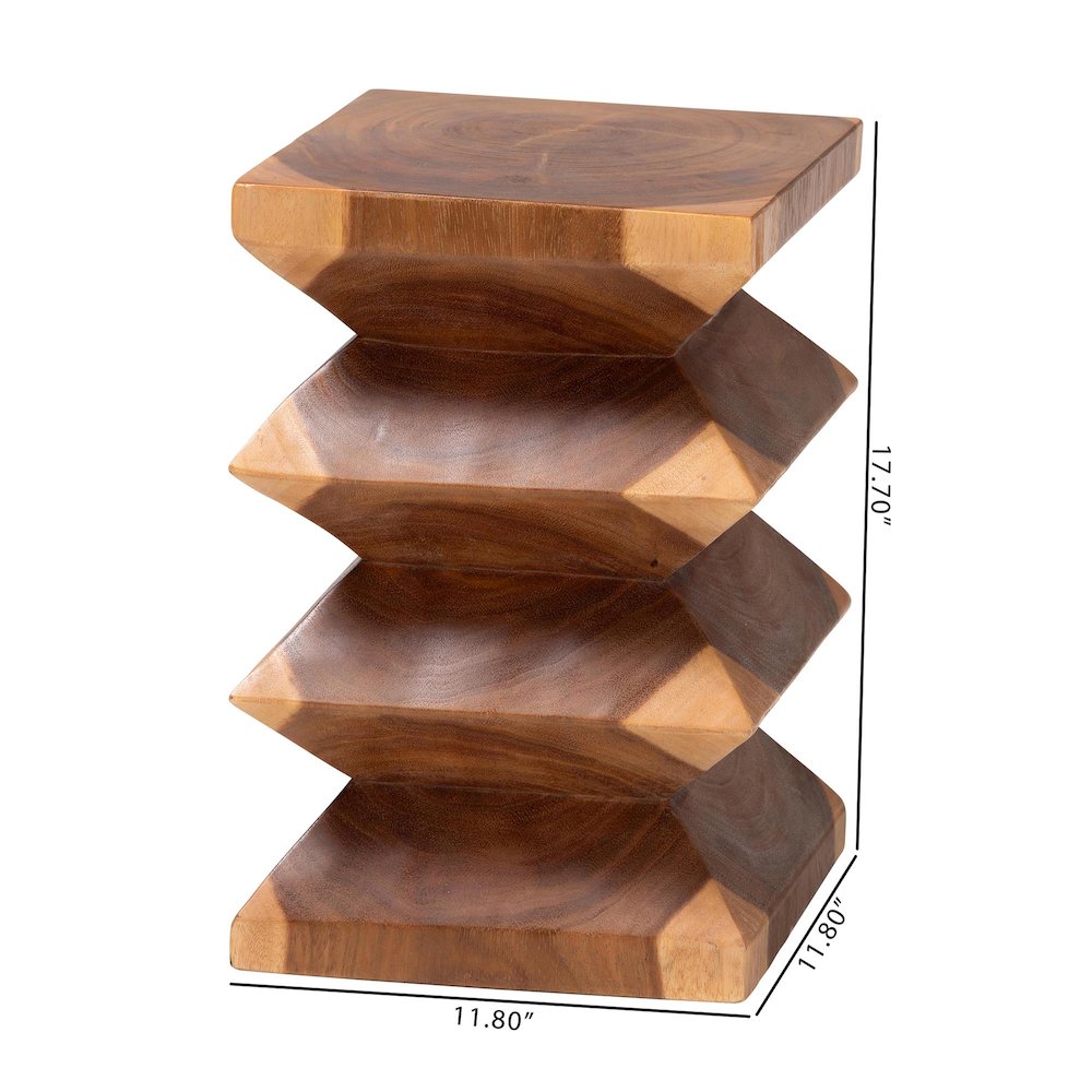 Solid Suar Wood Side Table - Hand-Carved Sculptural End Table with Zigzag Design. Picture 7