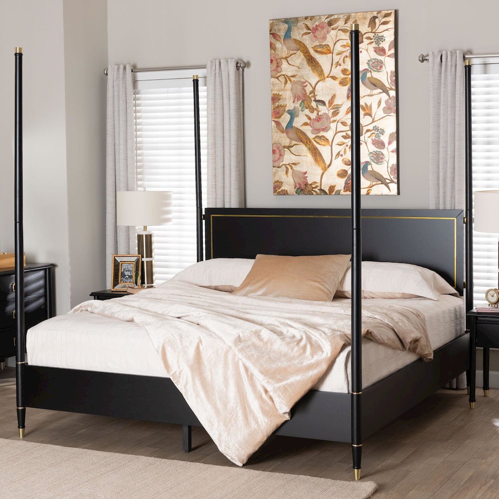 Four-Poster Platform Bed - Black Wood Bed Frame, King. Picture 7