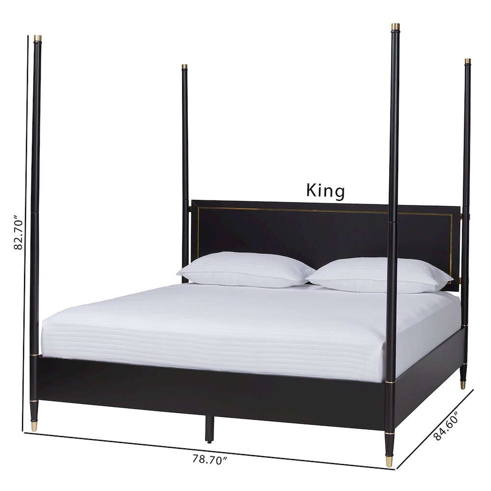Four-Poster Platform Bed - Black Wood Bed Frame, King. Picture 8