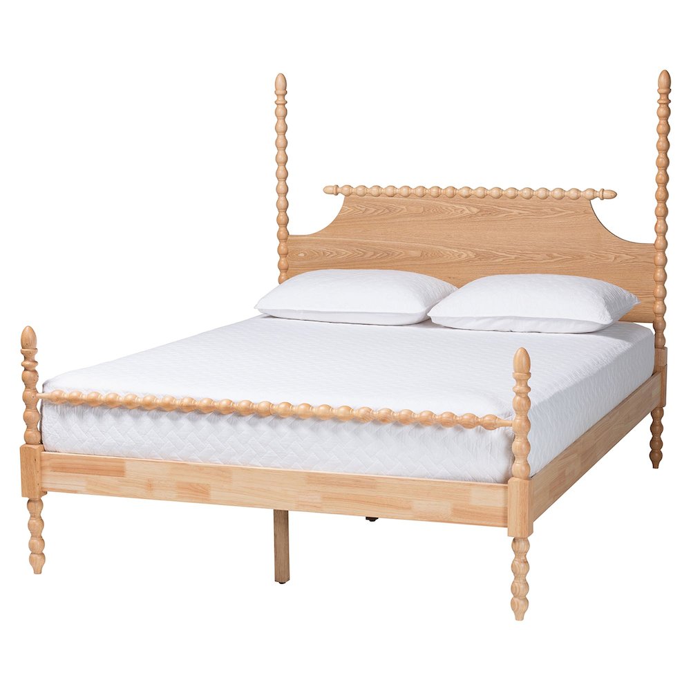 Four-Poster Platform Bed - Wooden Bed Frame, Natural Brown, Queen. Picture 1