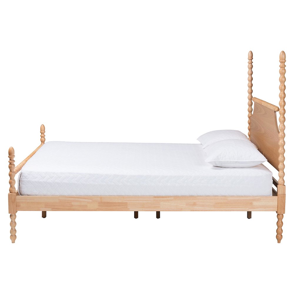 Four-Poster Platform Bed - Wooden Bed Frame, Natural Brown, Queen. Picture 2