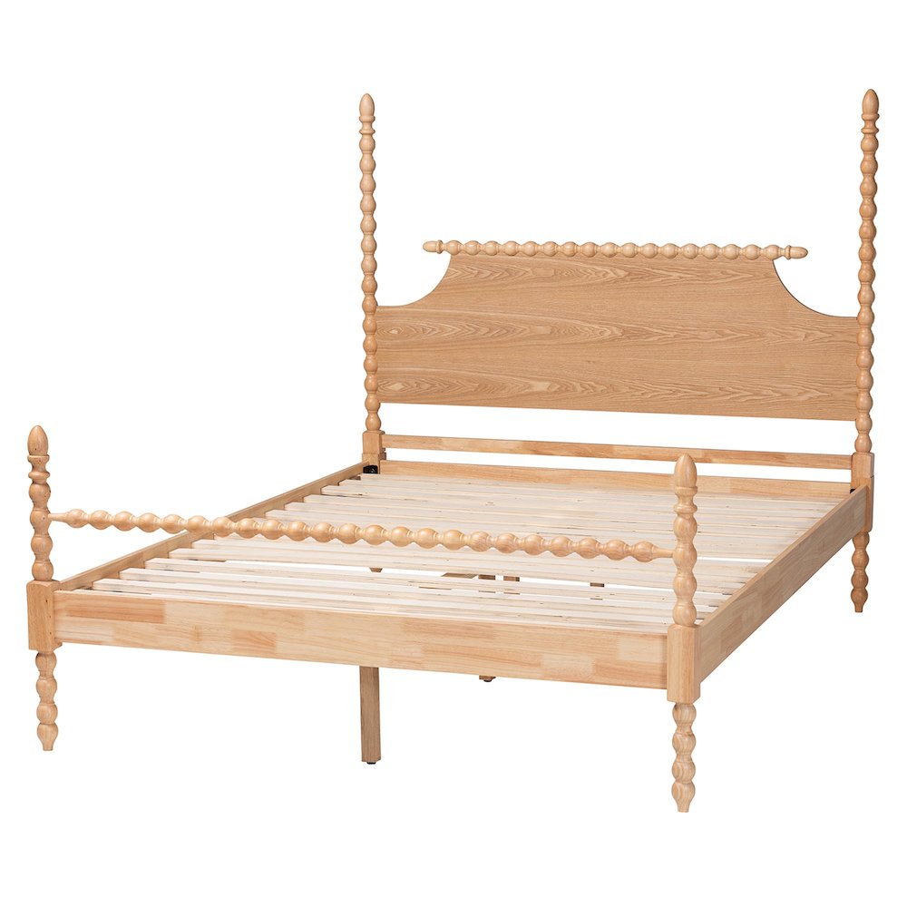 Four-Poster Platform Bed - Wooden Bed Frame, Natural Brown, Queen. Picture 3