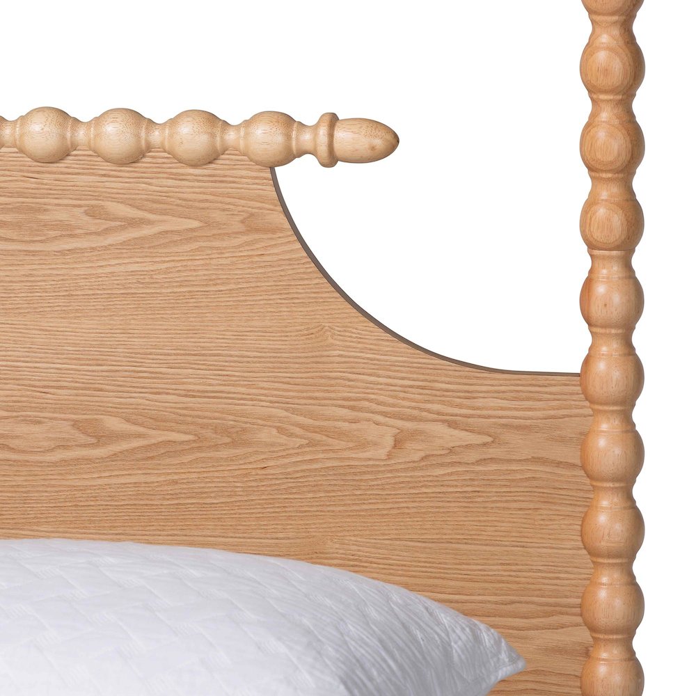Four-Poster Platform Bed - Wooden Bed Frame, Natural Brown, Queen. Picture 4
