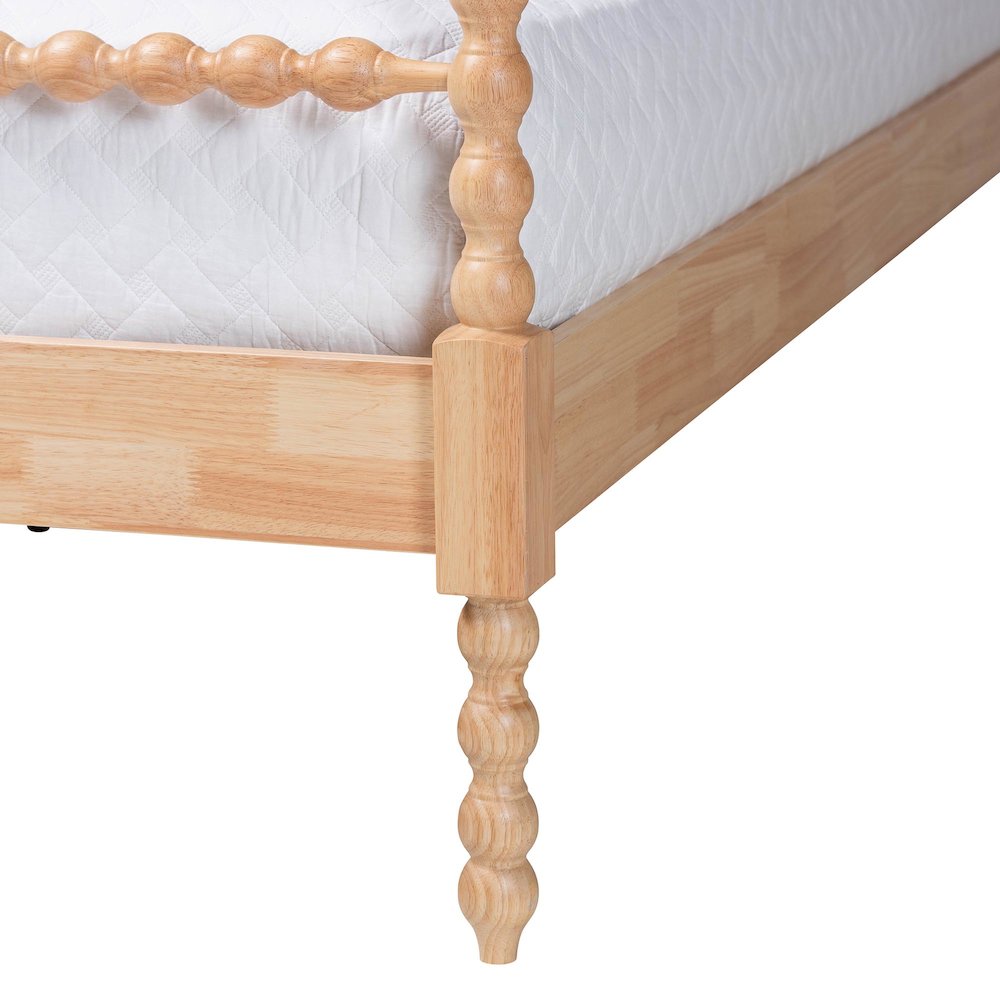 Four-Poster Platform Bed - Wooden Bed Frame, Natural Brown, Queen. Picture 5