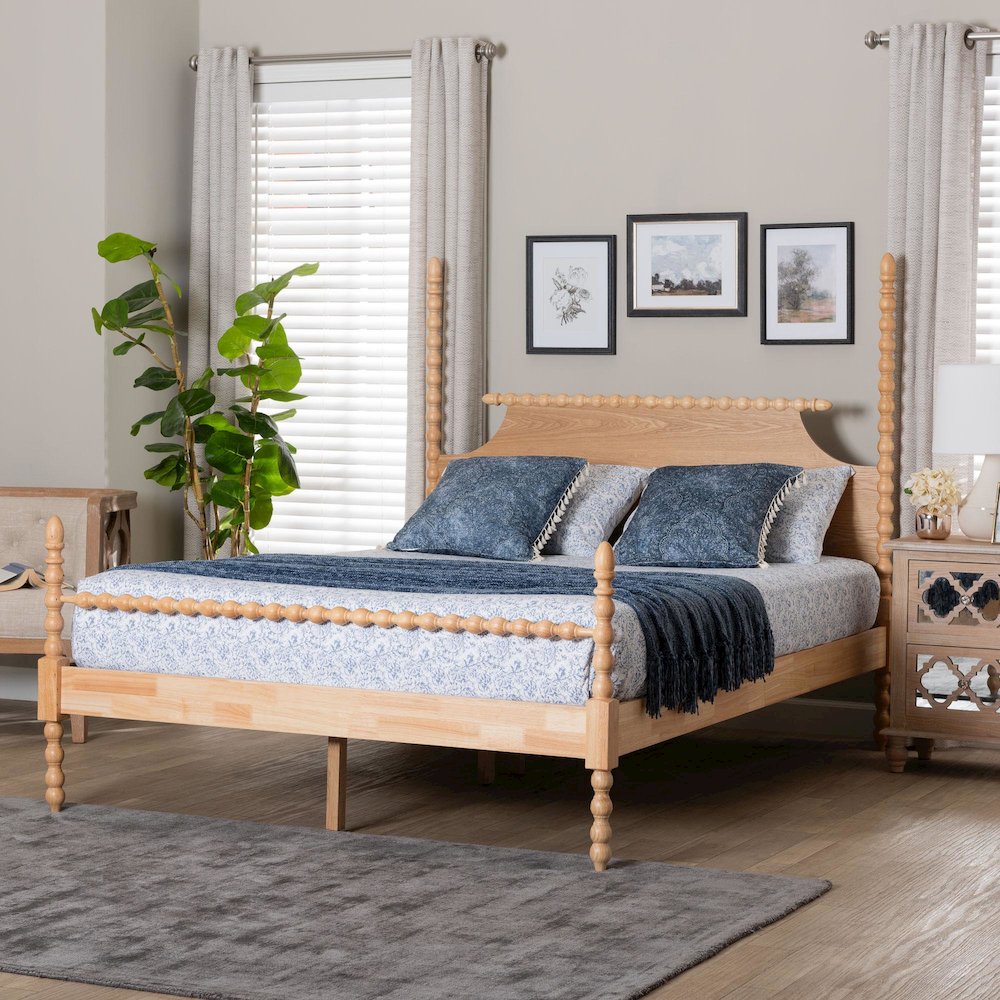 Four-Poster Platform Bed - Wooden Bed Frame, Natural Brown, Queen. Picture 7