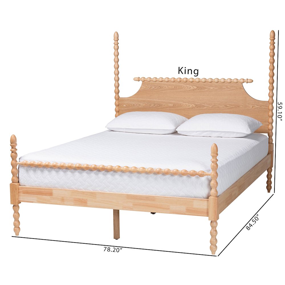 Four-Poster Platform Bed - Wooden Bed Frame, Natural Brown, Queen. Picture 9