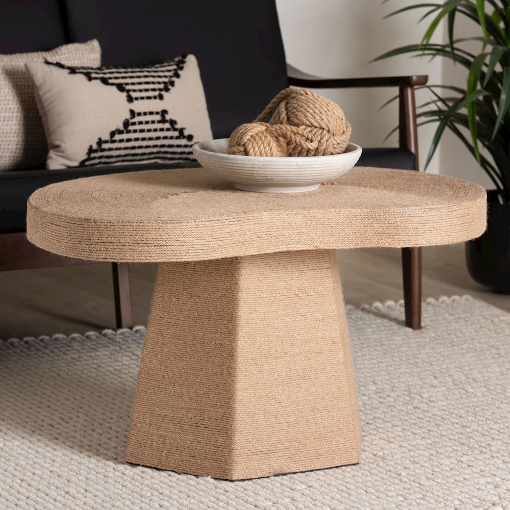 Natural Jute Coffee Table - Textured Handwoven Cocktail Table. Picture 6