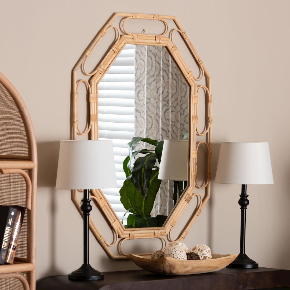 Remedy Octagonal Natural Rattan Wall Mirror - Handwoven Accent Mirror. Picture 3