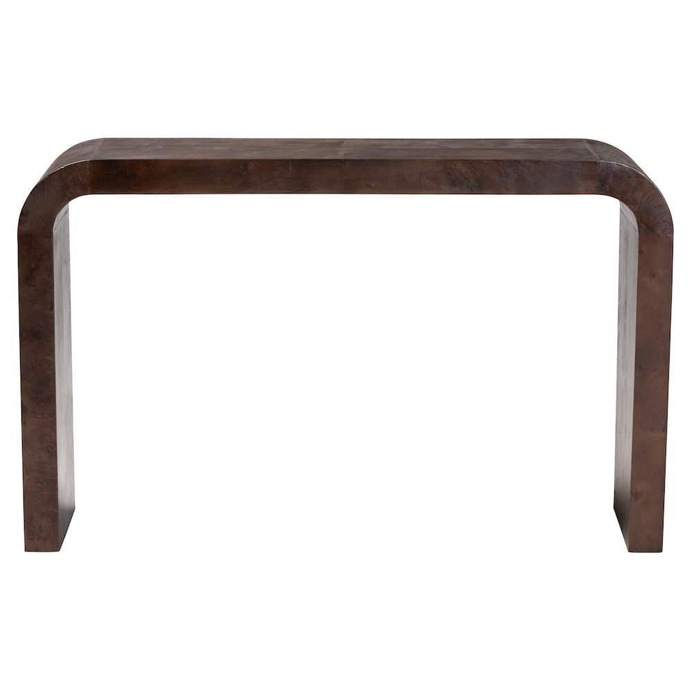 Revelle Real Burl Wood Console Table in Dark Walnut Brown. Picture 1