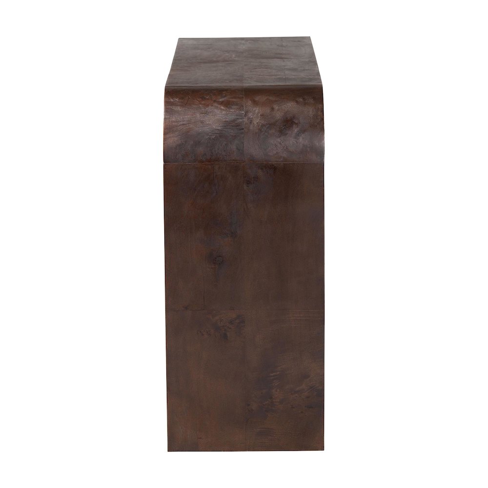 Revelle Real Burl Wood Console Table in Dark Walnut Brown. Picture 3